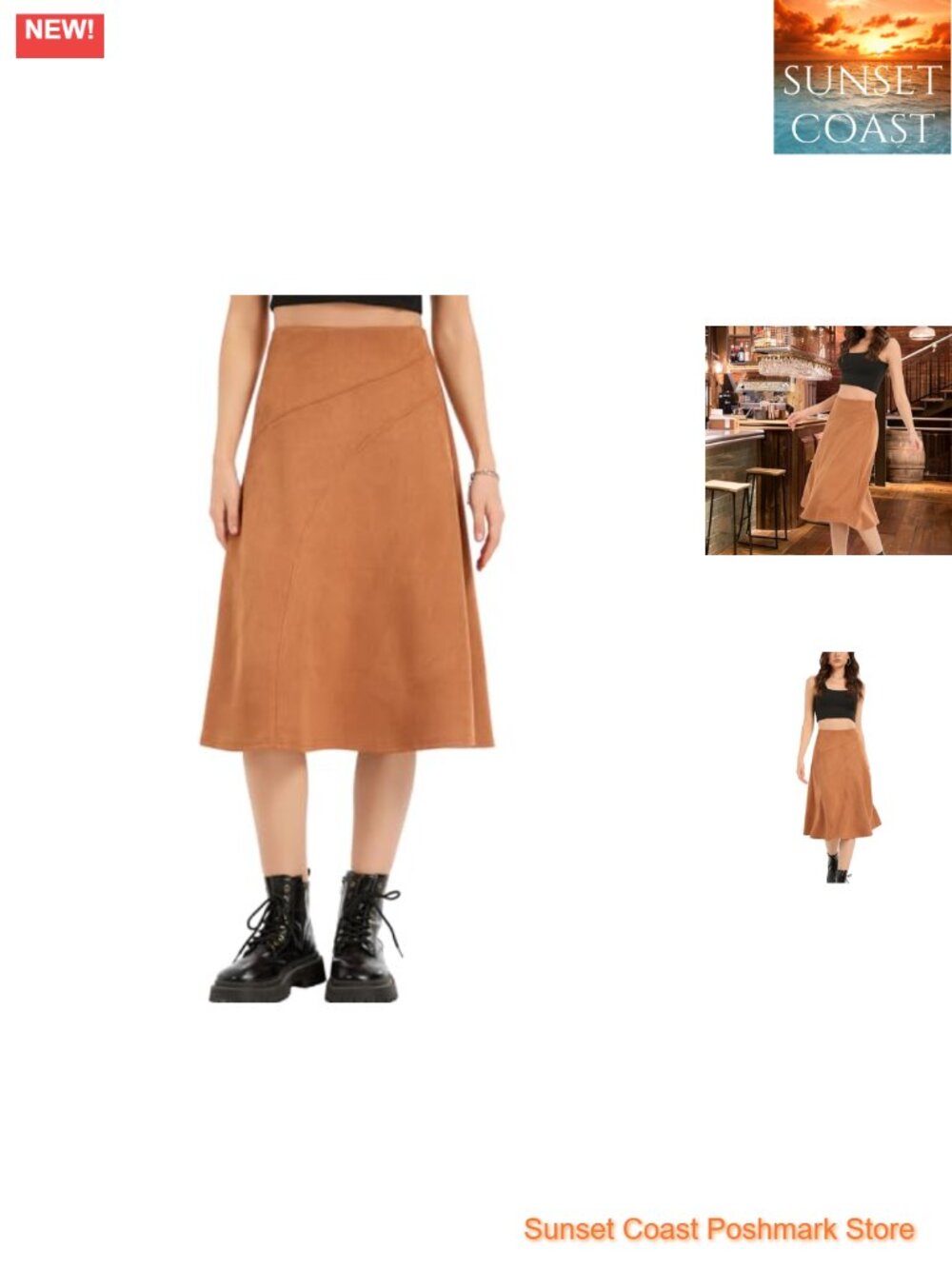Women's Faux Suede Midi Skirt High Waist A-Line Western Cowgirl